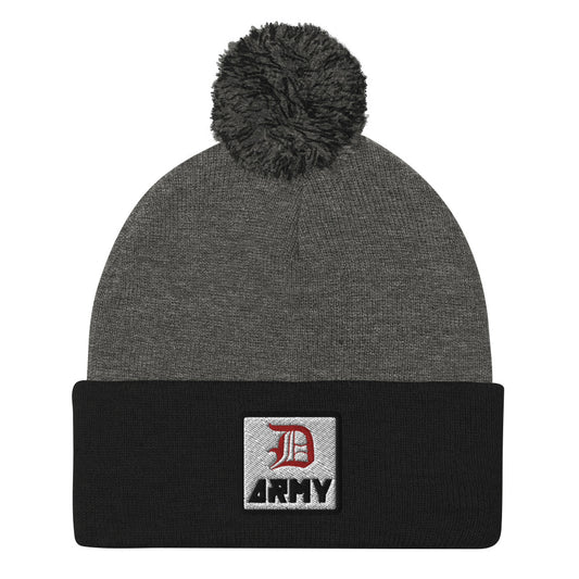 Detroit Army 'Original : D' - Black + Gray Embroidered Pom-Pom Beanie