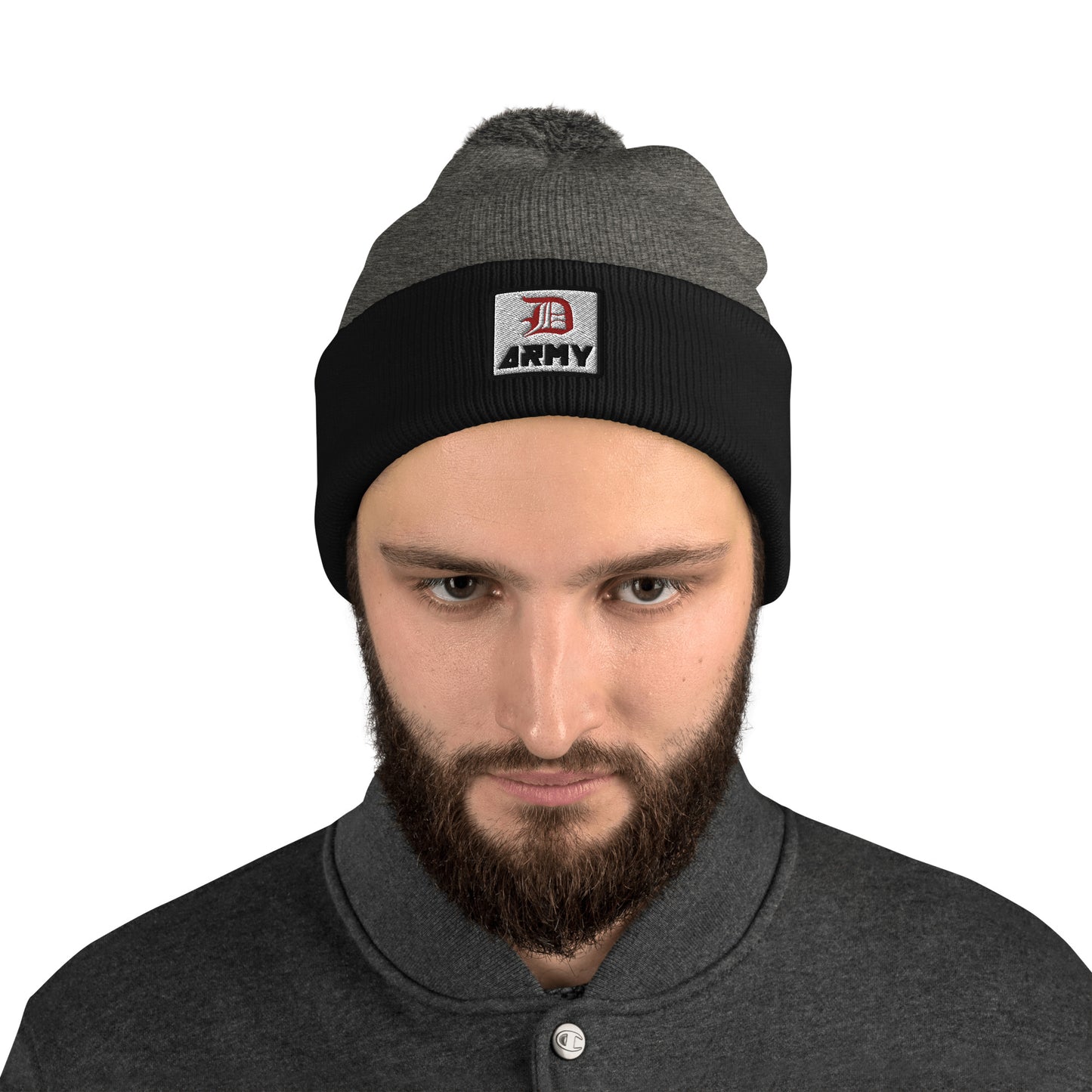 Detroit Army 'Original : D' - Black + Gray Embroidered Pom-Pom Beanie