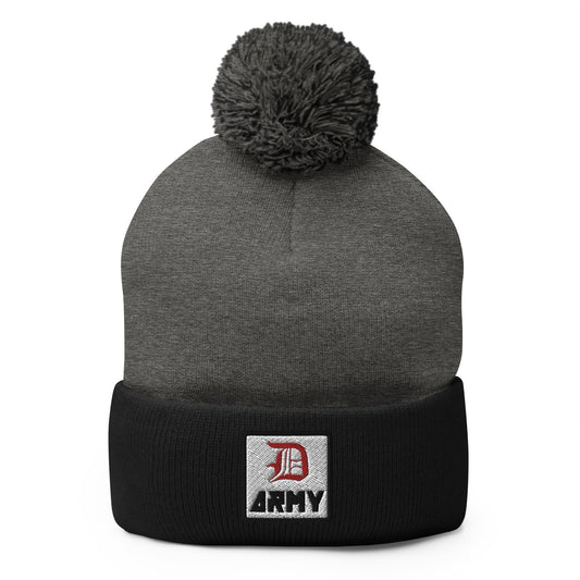 Detroit Army 'Original : D' - Black + Gray Embroidered Pom-Pom Beanie
